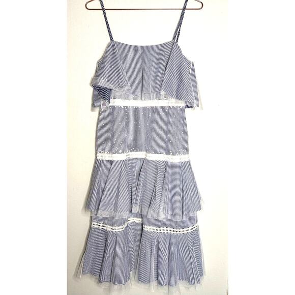 Prabal Gurung Halter Tulle Tiered Midi Maxi Dress Striped Blue Lace Overlay Sz 4 - Picture 4 of 15